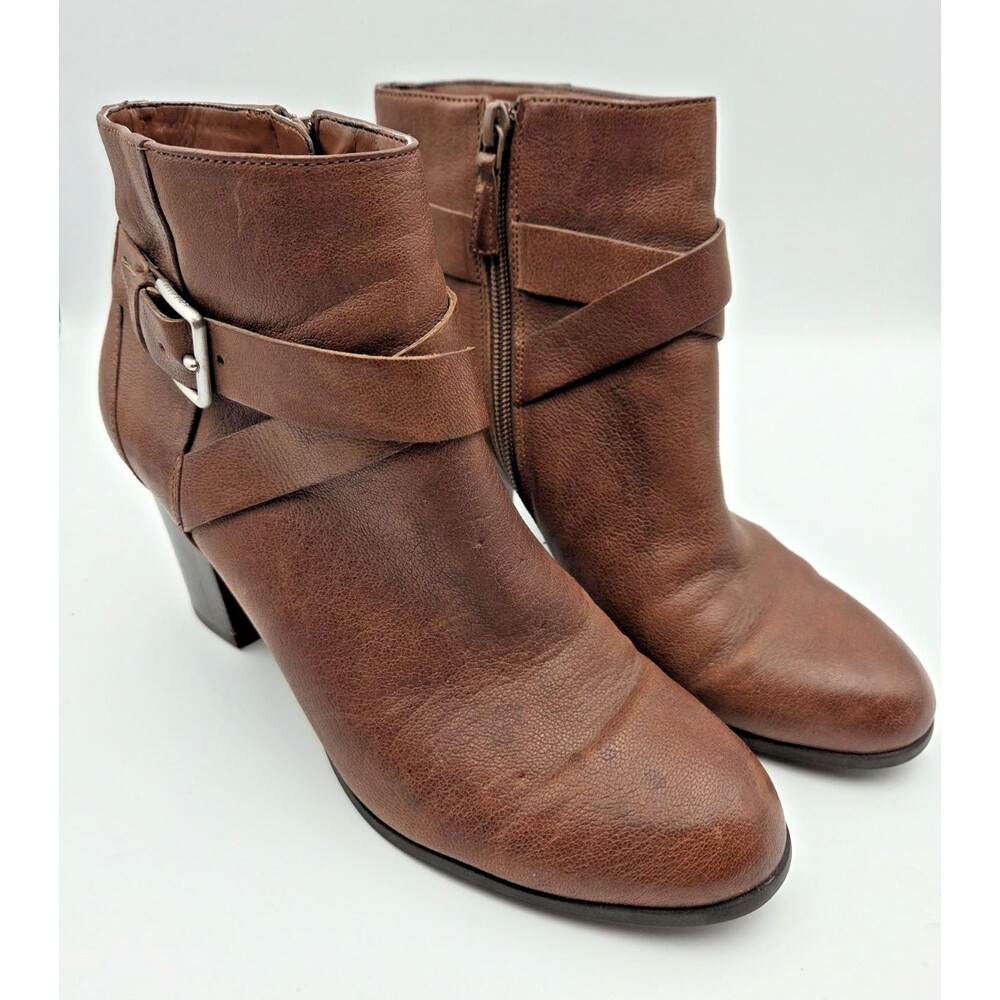 Cole Haan Women's Brown Leather Ankle Booties Buckle Strap Side Zip Block Heel 8
